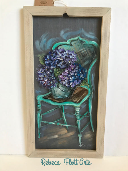 Vintage chair with hydrangeas, farmhouse style wall art