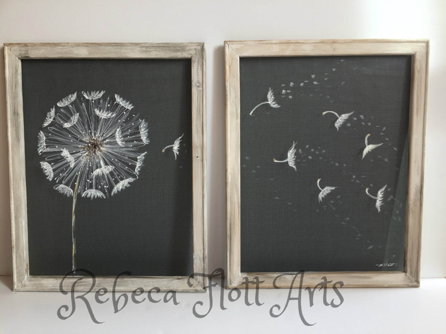 Antique white frame,Dandelion Set of two,Farmhouse style, rustic decor, make a wish,dandelion