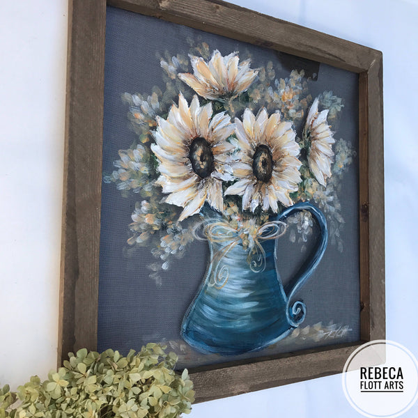 White sunflower in vintage vase, Original art , hand painted on screen, wall art, farmhouse style, rustic art