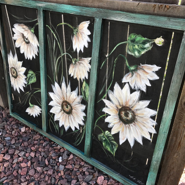 White sunflower - hand painted  on window screen