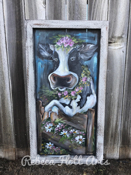 Cow art, fabulously, hand painted on window screen  ORIGINAL ART