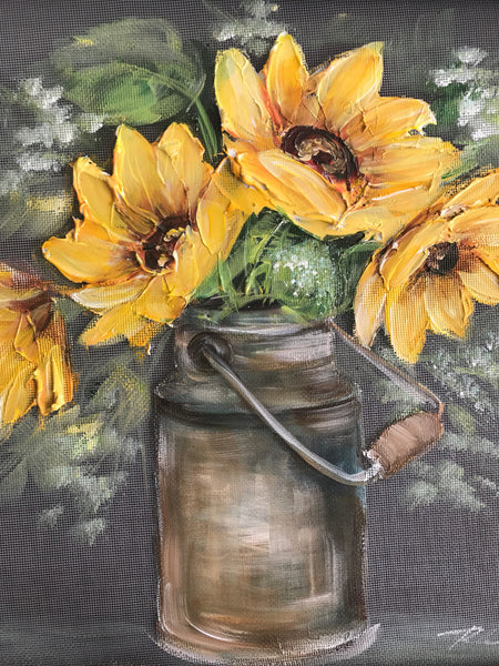 Sunflowers on vintage milk jug