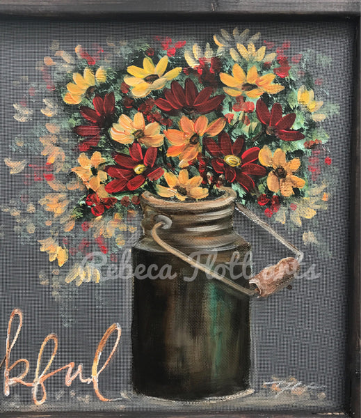 Thankful wildflowers vintage milk jug , orinak art by rebeca flott