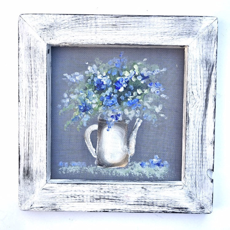 Vintage inspired  jar mini 10x10 blue flowers