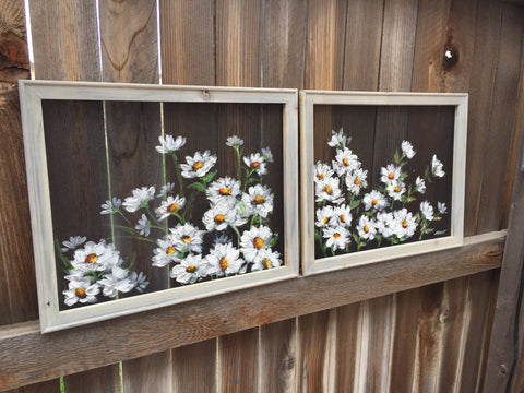 Daisies On White,Set of two Beautiful Daisies, recycled, outdoor and indoor art, flowers,Daisy Flower Painting, Daisy Flower art,