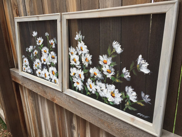 Daisies On White,Set of two Beautiful Daisies, recycled, outdoor and indoor art, flowers,Daisy Flower Painting, Daisy Flower art,