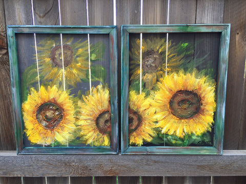 Set of 2 Sunflower Art MADE TO ORDER- Original Art, sunflower,recycled wood frame, painted on screen sunflower painting. sunflower