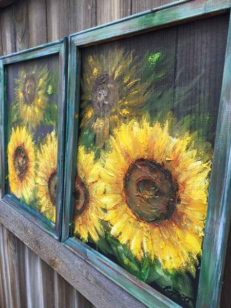 Set of 2 Sunflower Art MADE TO ORDER- Original Art, sunflower,recycled wood frame, painted on screen sunflower painting. sunflower