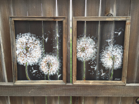 Set of 2 dandelion art , recycled wood frame painting on screen DANDELION,Flower Wall Art Dandelion