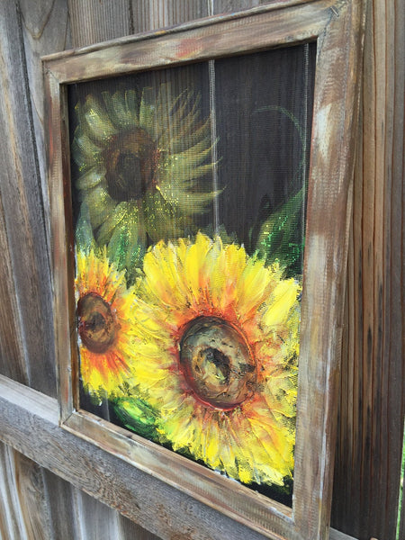 sunflower,sunflower on window screen, hand painting on screen, original art ,Yellow sunflower, Recycled wood frame,Yellow sunflowers