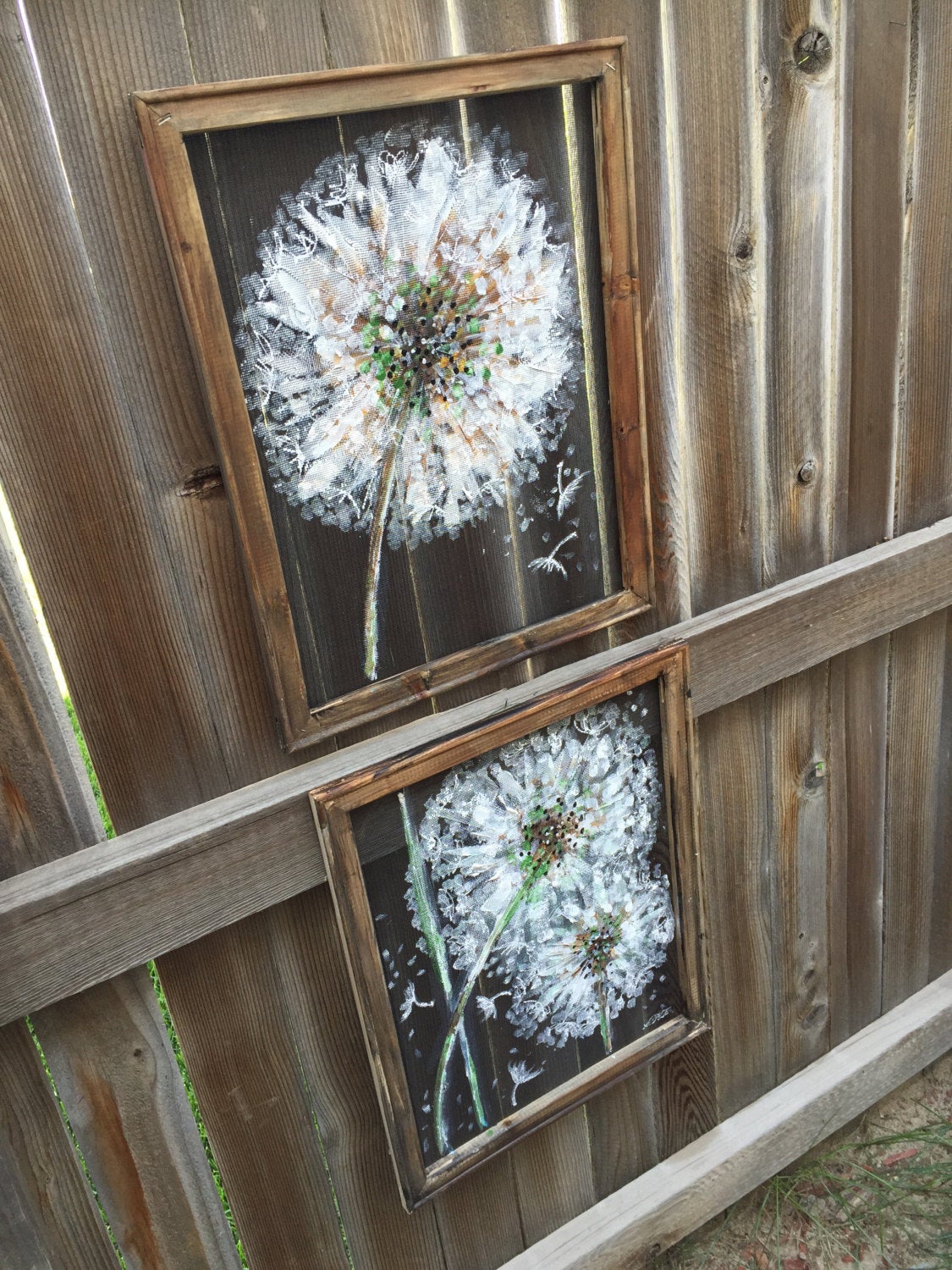 Set of 2 dandelion art , recycled wood frame painting on screen DANDELION,Made to order!!!!