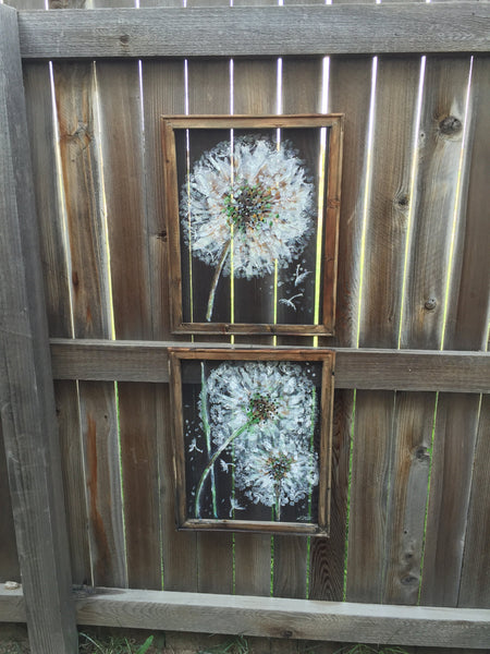 Set of 2 dandelion art , recycled wood frame painting on screen DANDELION,Made to order!!!!