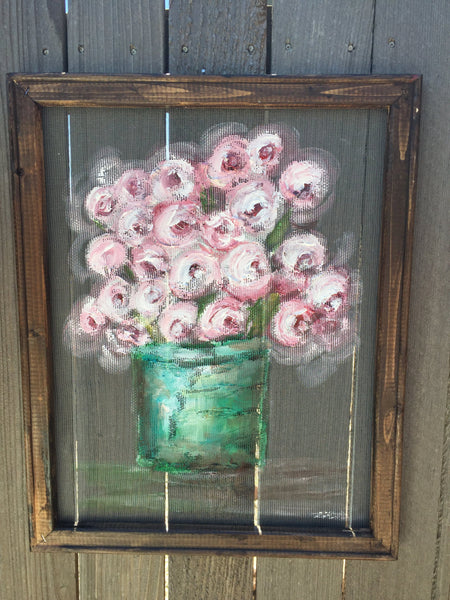 Shabby Chic window screen art,Flowers on window screen ,indoor and outdoor art!