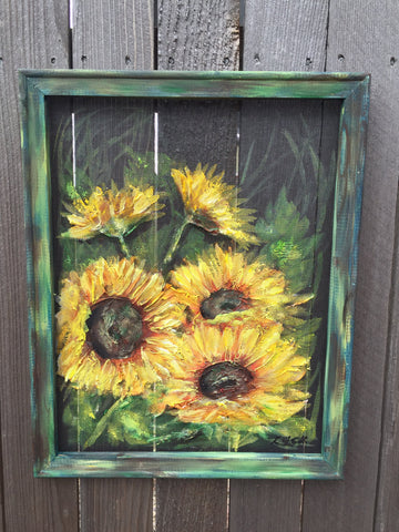 Rustic Sunflowers on screen, hand painting original , indoor and outdoor art