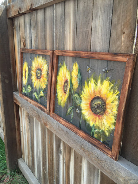 Set of 2 Happy sunflowers and bees, hand painting screens,bees art , sunflowers