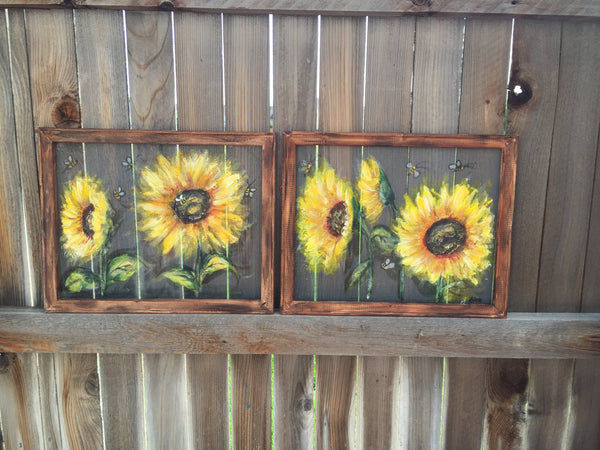 Set of 2 Happy sunflowers and bees, hand painting screens,bees art , sunflowers