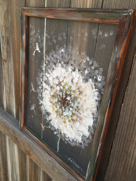 Dandelion on screen,MADE TO ORDER , outdoor art,white dandelion,make a wish,rustic white flower on screen,