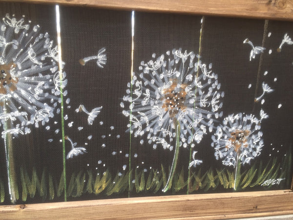 Dandelion art, window screen art,Dandelion garden,outdoor Art,wood frame