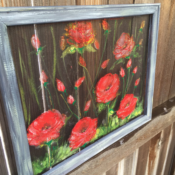 Red poppies, hand painted window screen