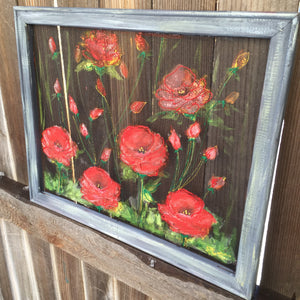 Red poppies, hand painted window screen