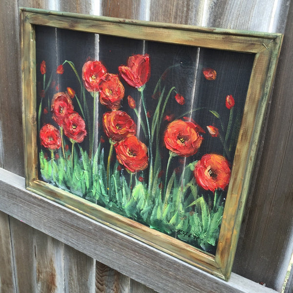 Red poppies gardens, window screen hand painting