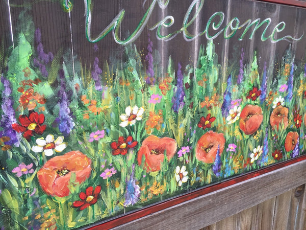 Welcome wild flowers sign,flowers on old window screen ,hand painting