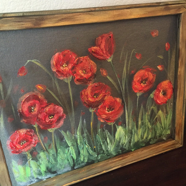 Red poppies gardens, window screen hand painting