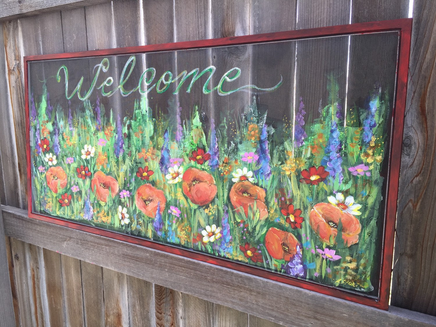 Welcome wild flowers sign,flowers on old window screen ,hand painting