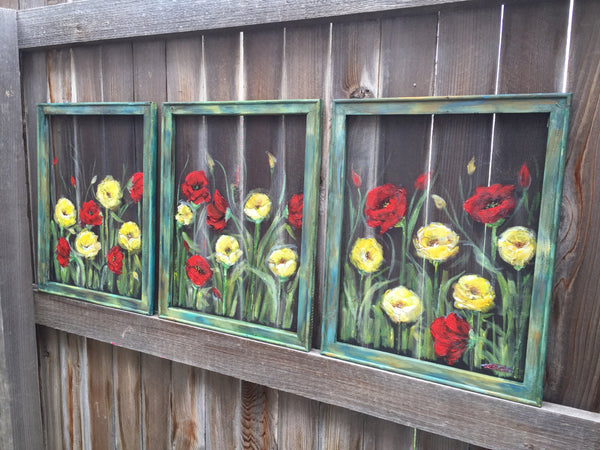 Red and Yellow Poppies ,window screen, hand painting set of 3 ,rustic poppies