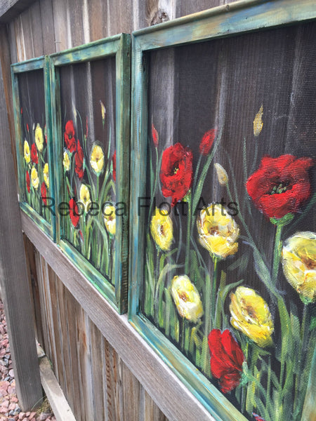 Red and Yellow Poppies ,window screen, hand painting set of 3 ,rustic poppies