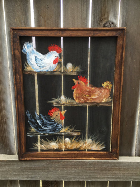 Chickens,rustic art,country art ,Chickens friends,painted windows,screens