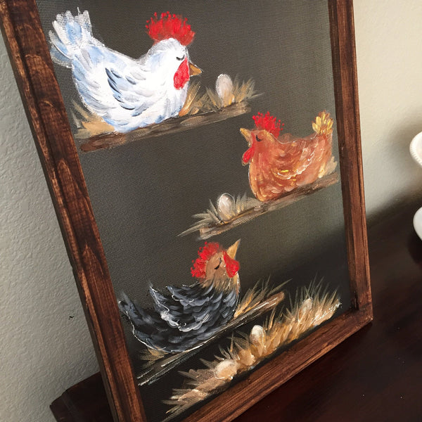 Chickens,rustic art,country art ,Chickens friends,painted windows,screens