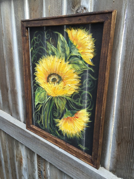 Sunflower lll ,rustic wood sunflower,Sunflowers dancing,Wood and screen,window screen painting