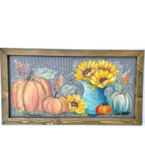 Hello October , original, hand-painted art ,  fall farm house style pumpkin with sunflowers