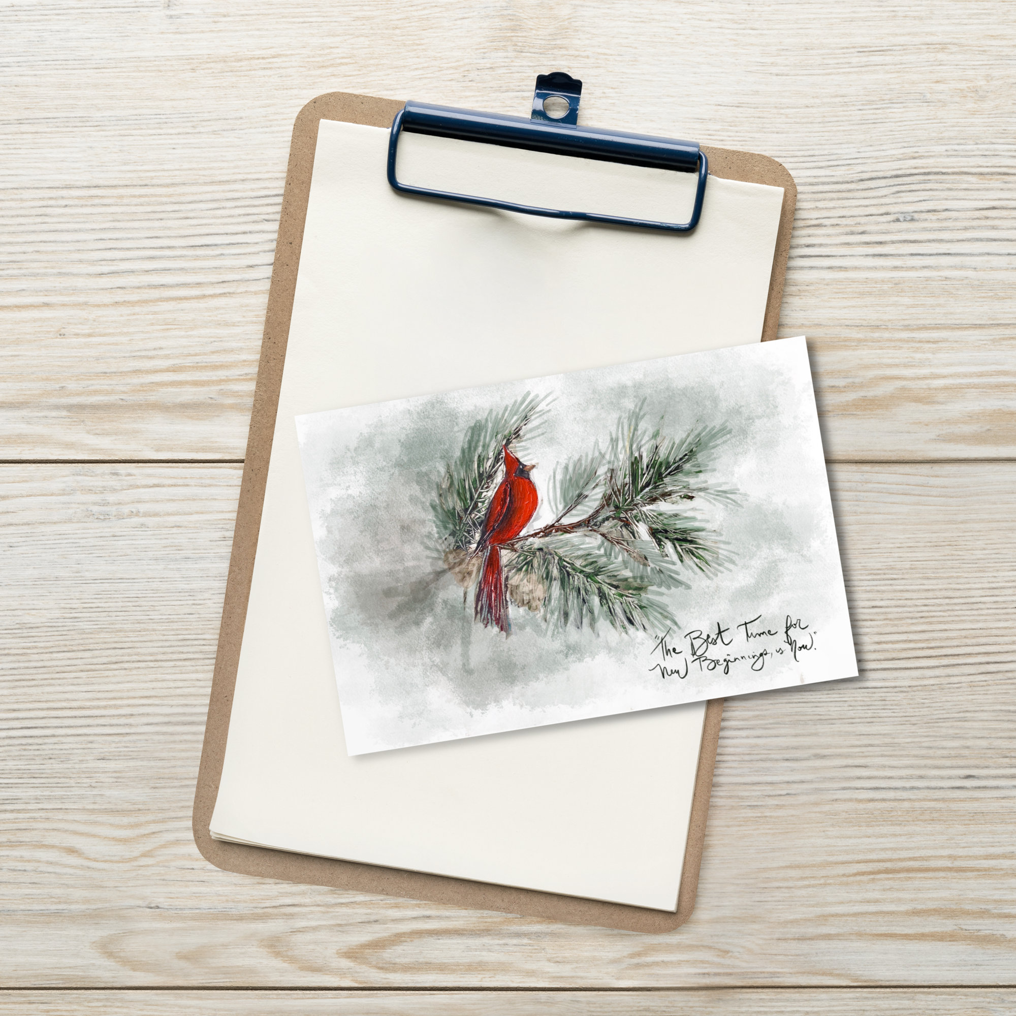 Cardinal Message"The Best time for New Beginnings,is Now." postcard by Rebeca Flott Arts